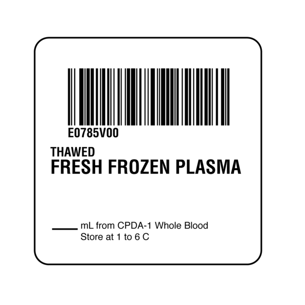 Nevs ISBT 128 Thawed Fresh Frozen Plasma 2" x 2" BBC-0785